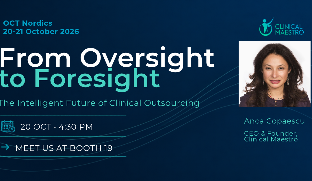 Anca Copaescu speaking at OCT Nordics 2026 about the intelligent future of clinical outsourcing